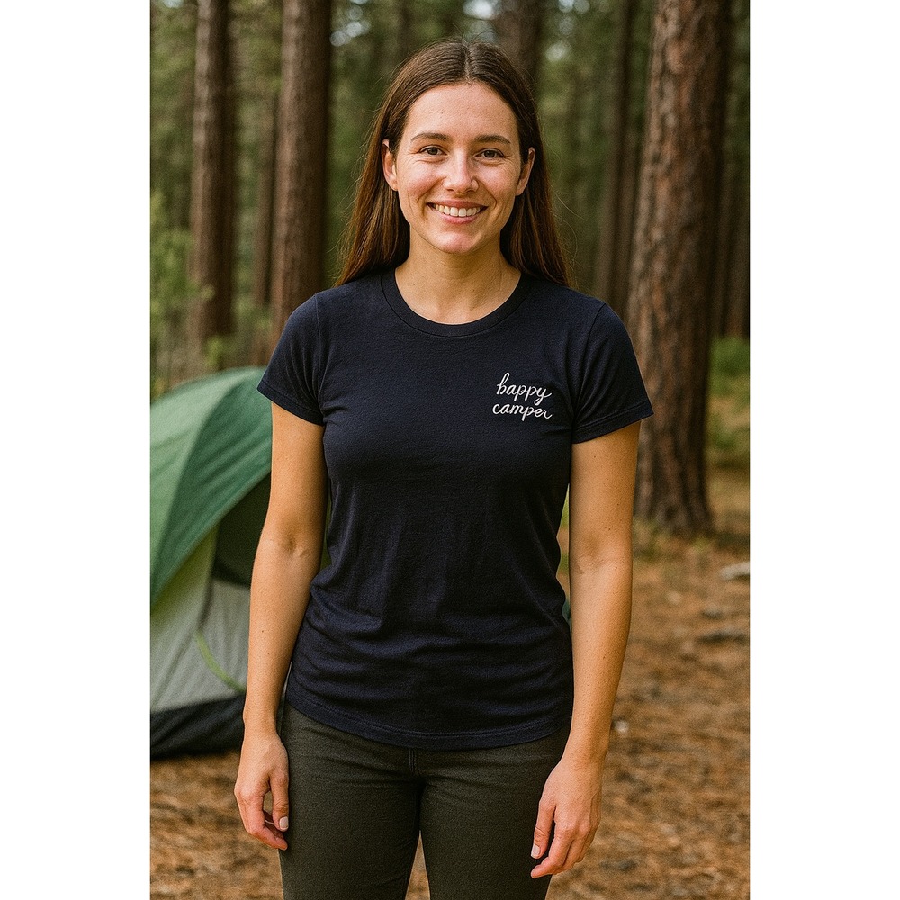 Albion Women's Happy Camper Blue Fitted Short Sleeve T-Shirt XS Outdoor Travel